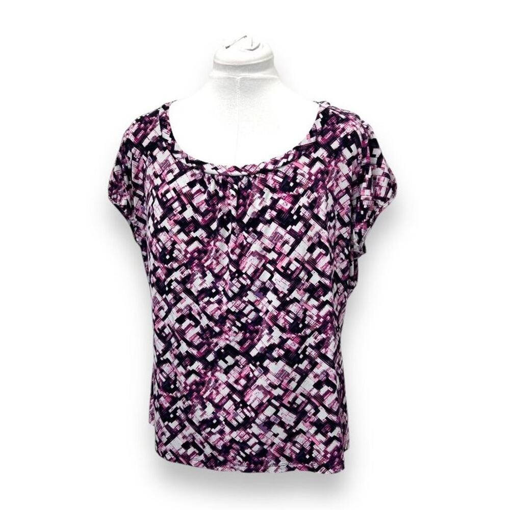 Worthington Women’s Short Sleeve Stretch Top Abstract Purple/Black/White 1X